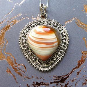 Large Peach & White Banded Agate Silver pendant